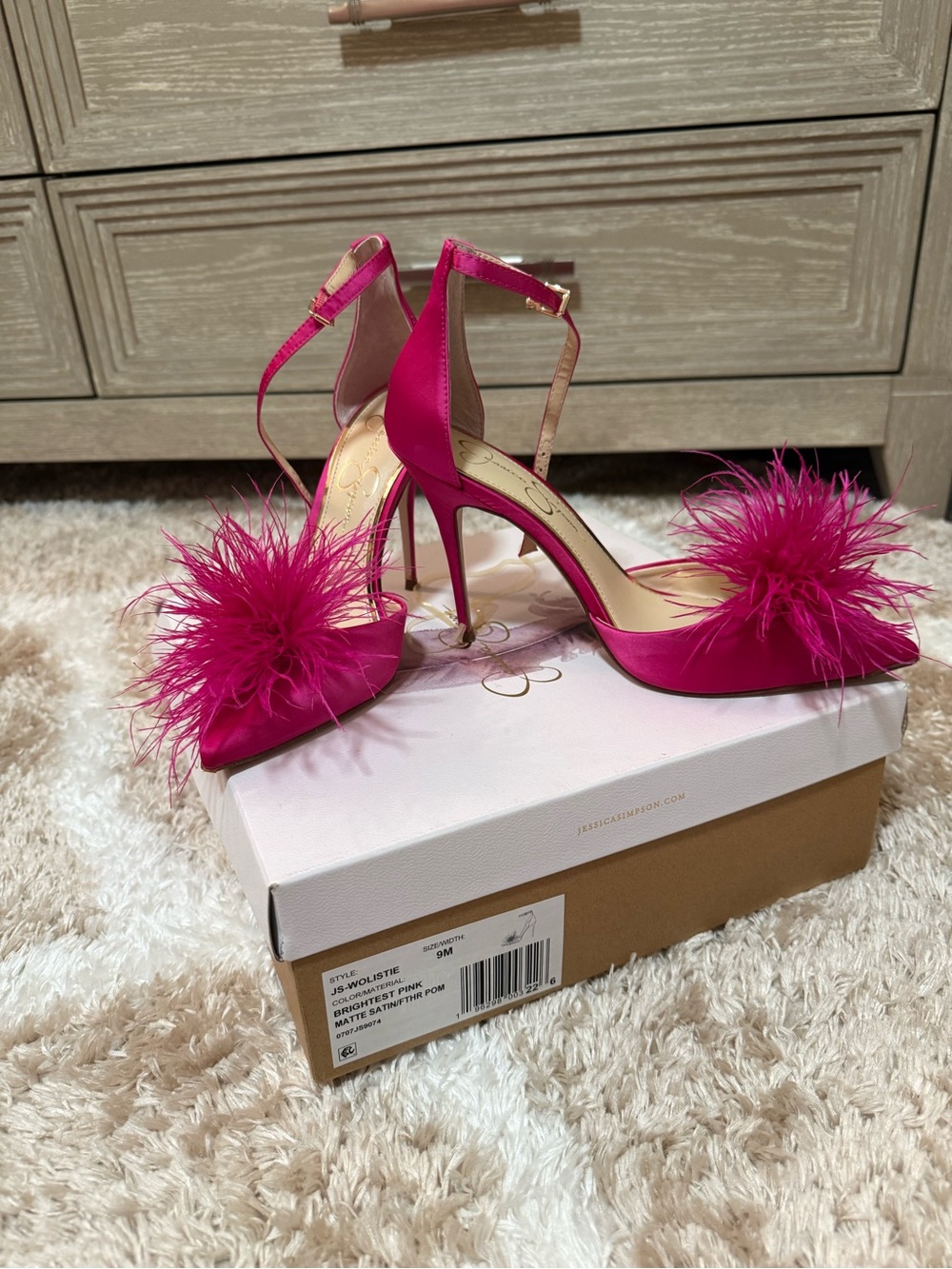 Jessica Simpson Hot Pink Feathered Ankle-Strap Stiletto Sandals